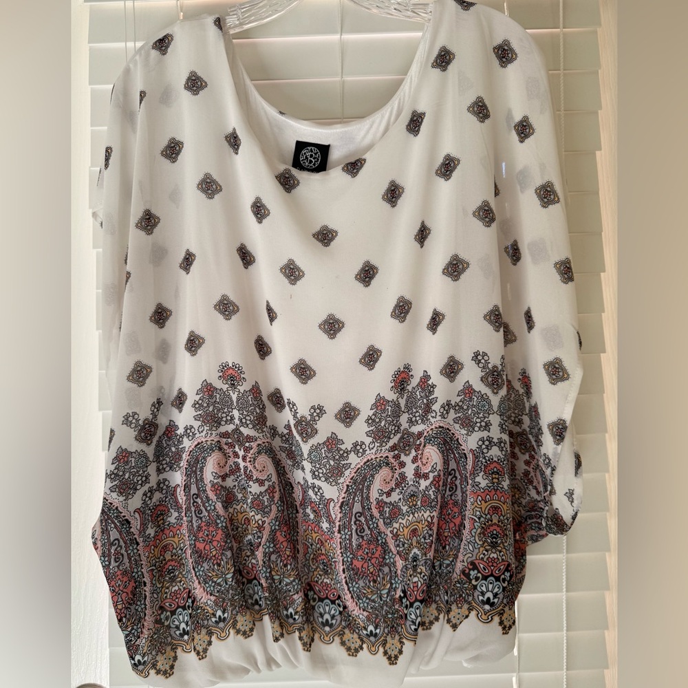 Bobeau White Blouse with Black and Red Paisley Design